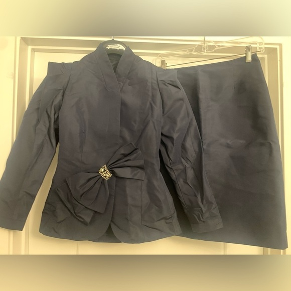 RARE TERI JON Vintage Women's Navy Blue Bow Taffeta Skirt Suit Set Size 2 XS XXS - Picture 1 of 6